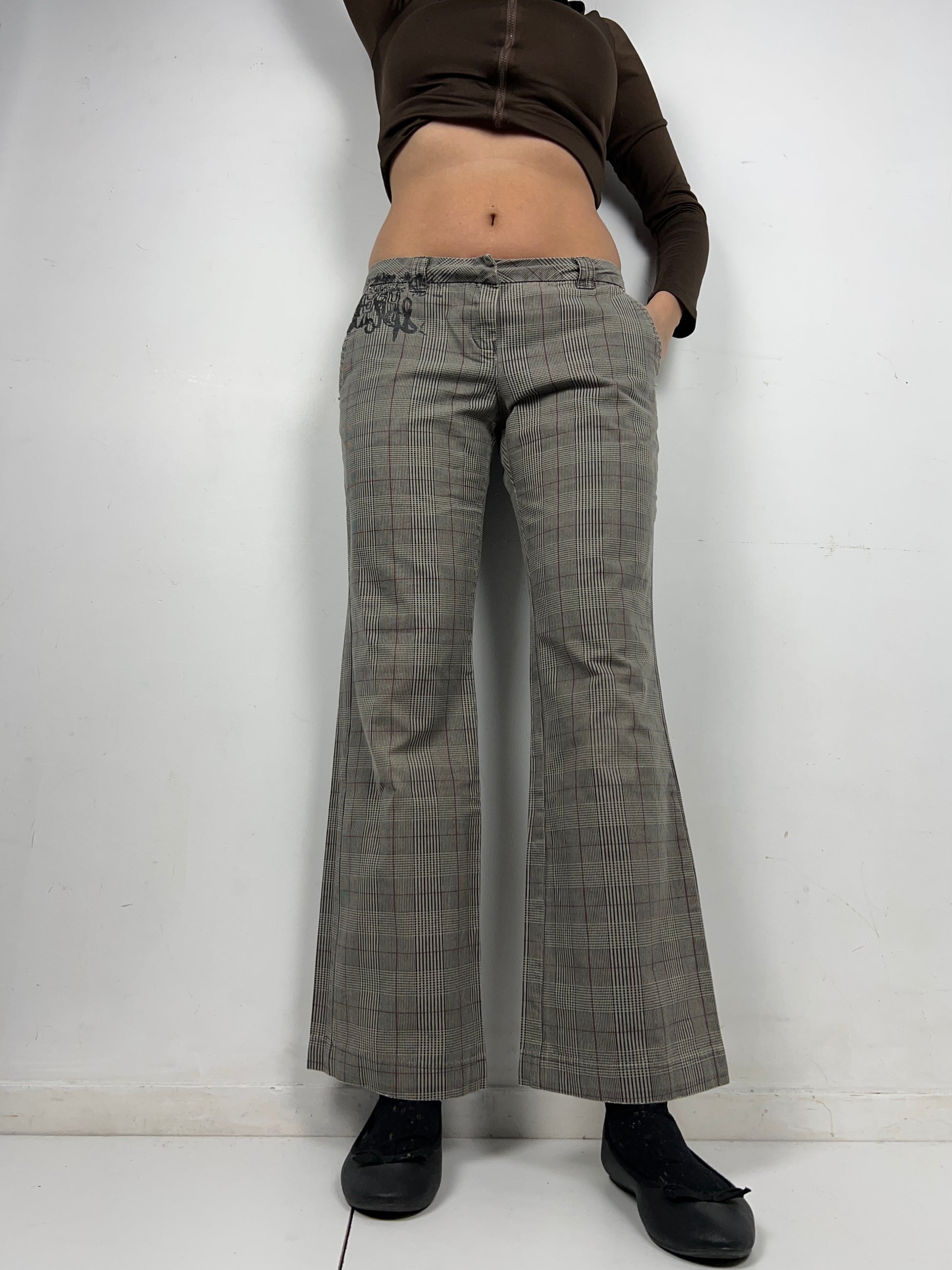 Brown check print low rise bootcut/ flare office pants (M)