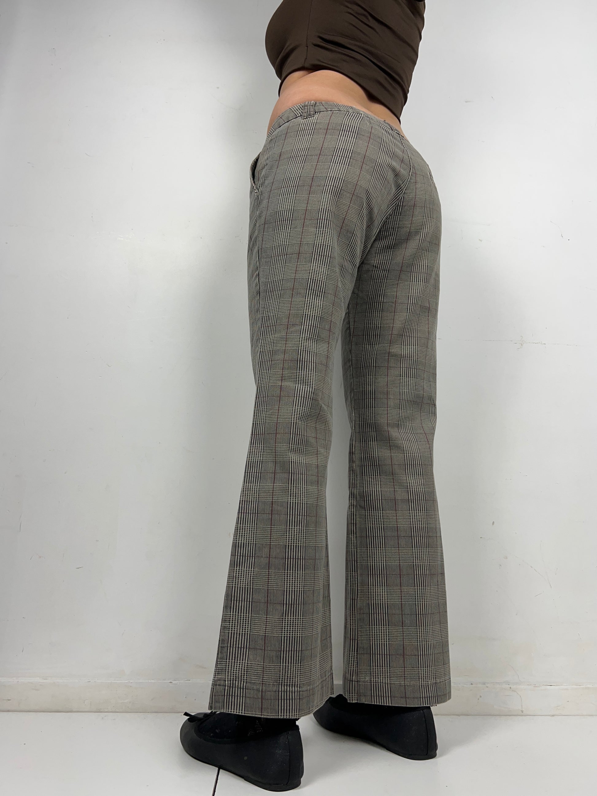 Brown check print low rise bootcut/ flare office pants (M)