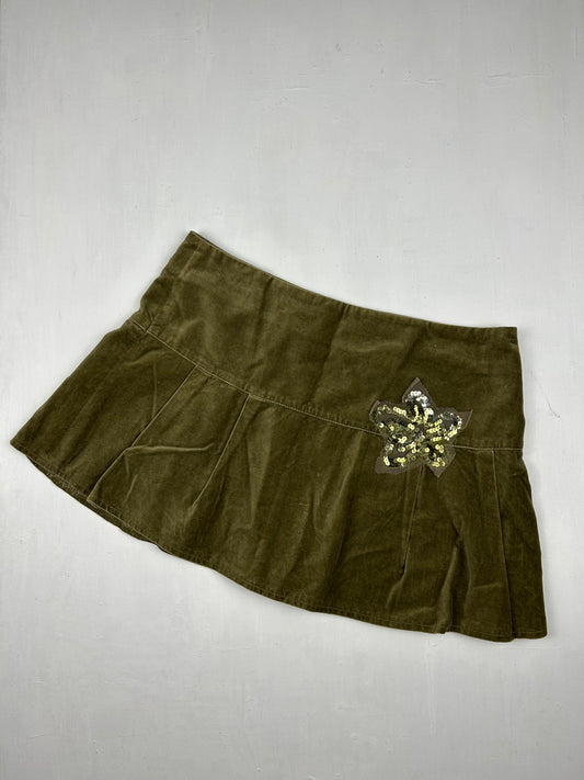 Khaki velvet low rise pleated mini skirt (M)