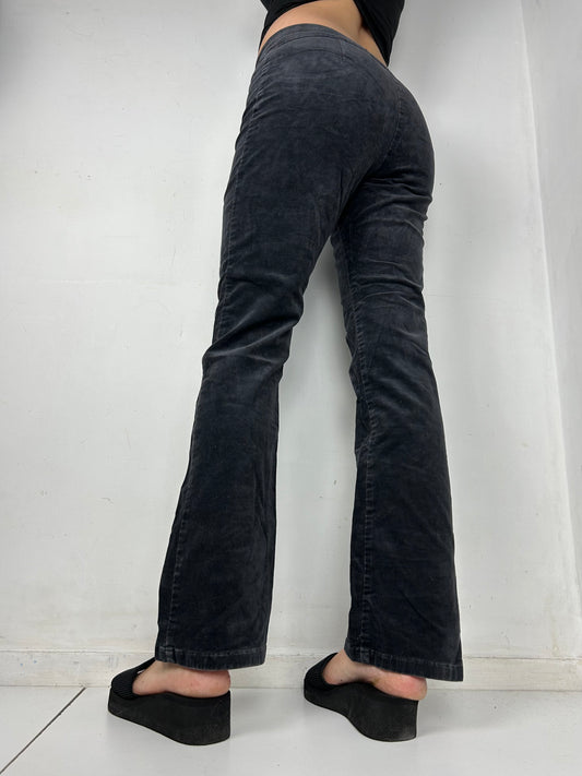 Black velvet ribbed denim mid rise bootcut pants (S)