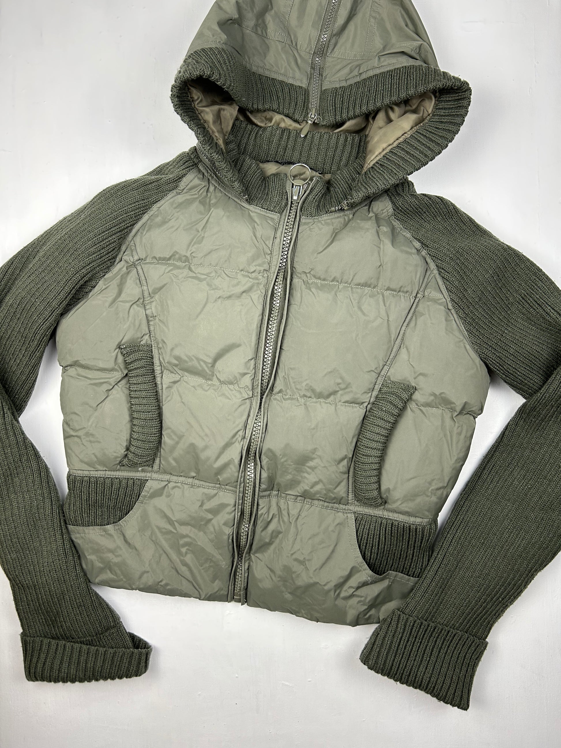 Khaki zip up puffer hoodie jacket (S/M)