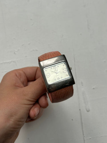 Vintage orange silver leather rigid bracelet watch jewelry