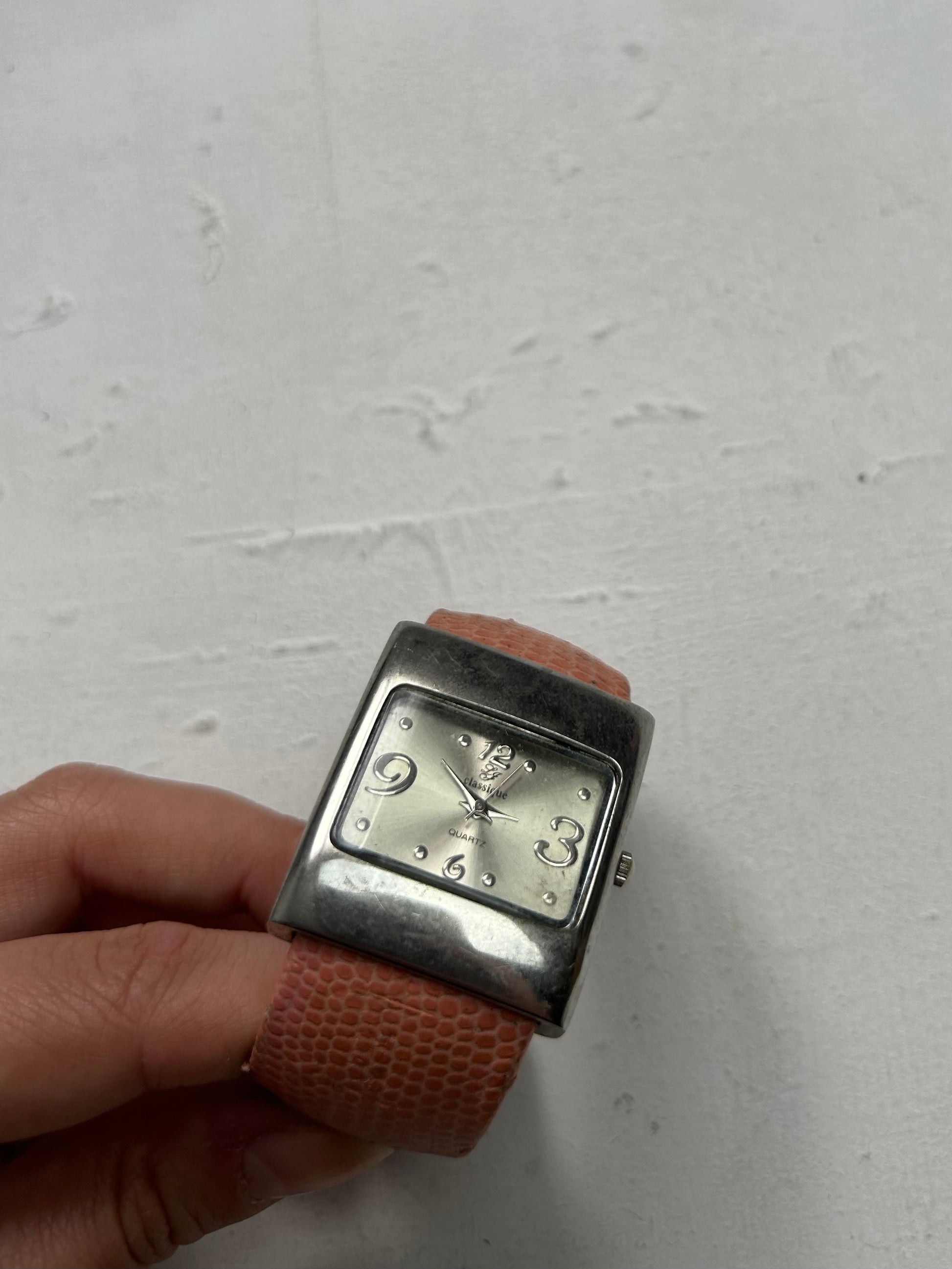 Vintage orange silver leather rigid bracelet watch jewelry