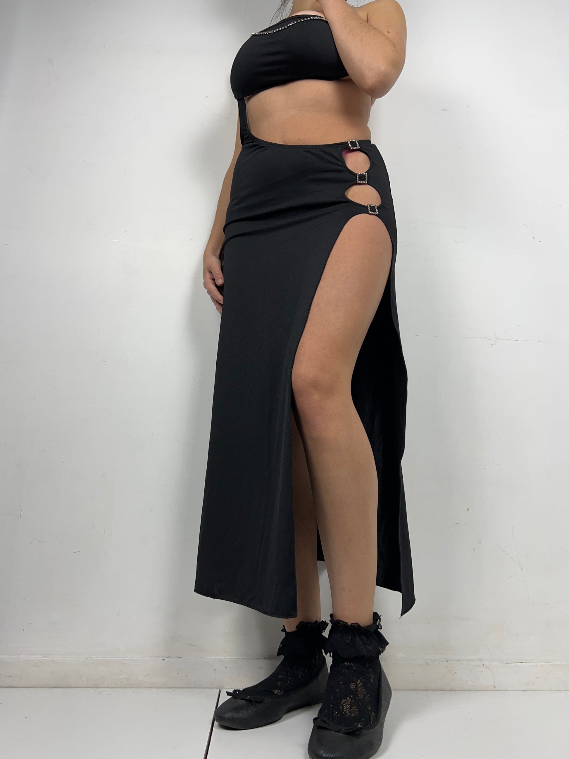 Black asymmetric stretchy backless maxi dress (S/M)