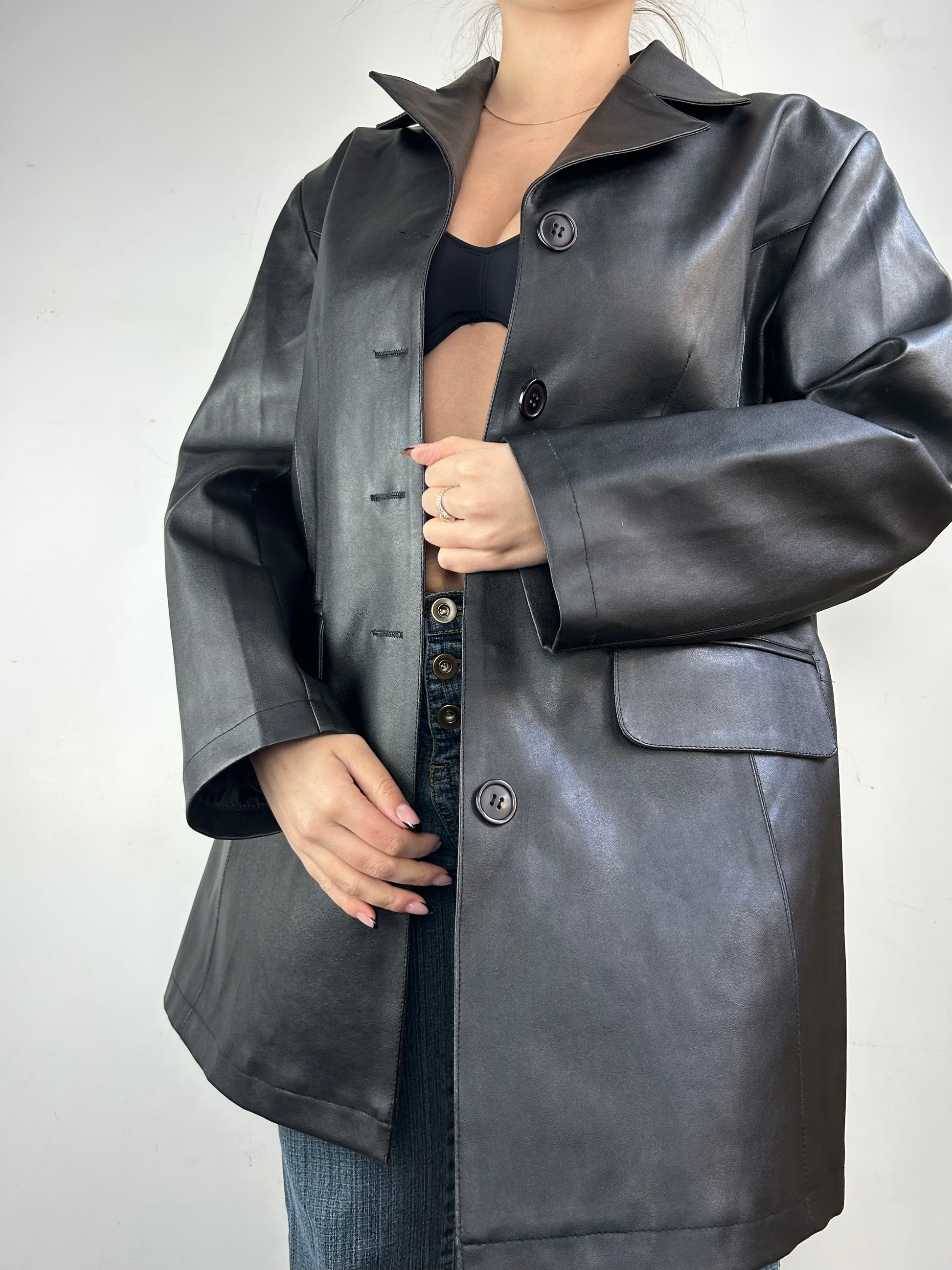 Black pvc leather trench jacket (L)