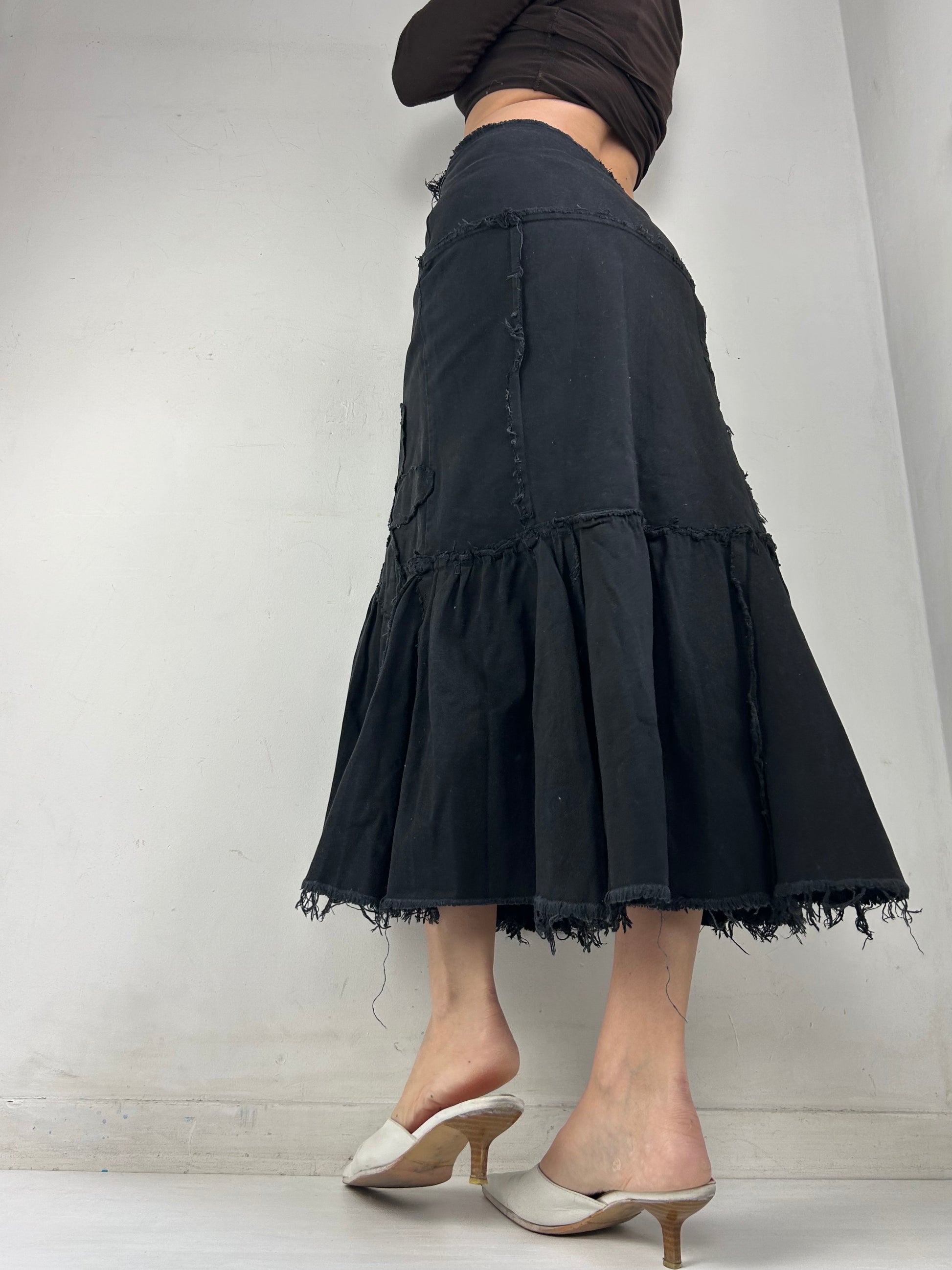 Black cotton low rise pleated maxi skirt (S)