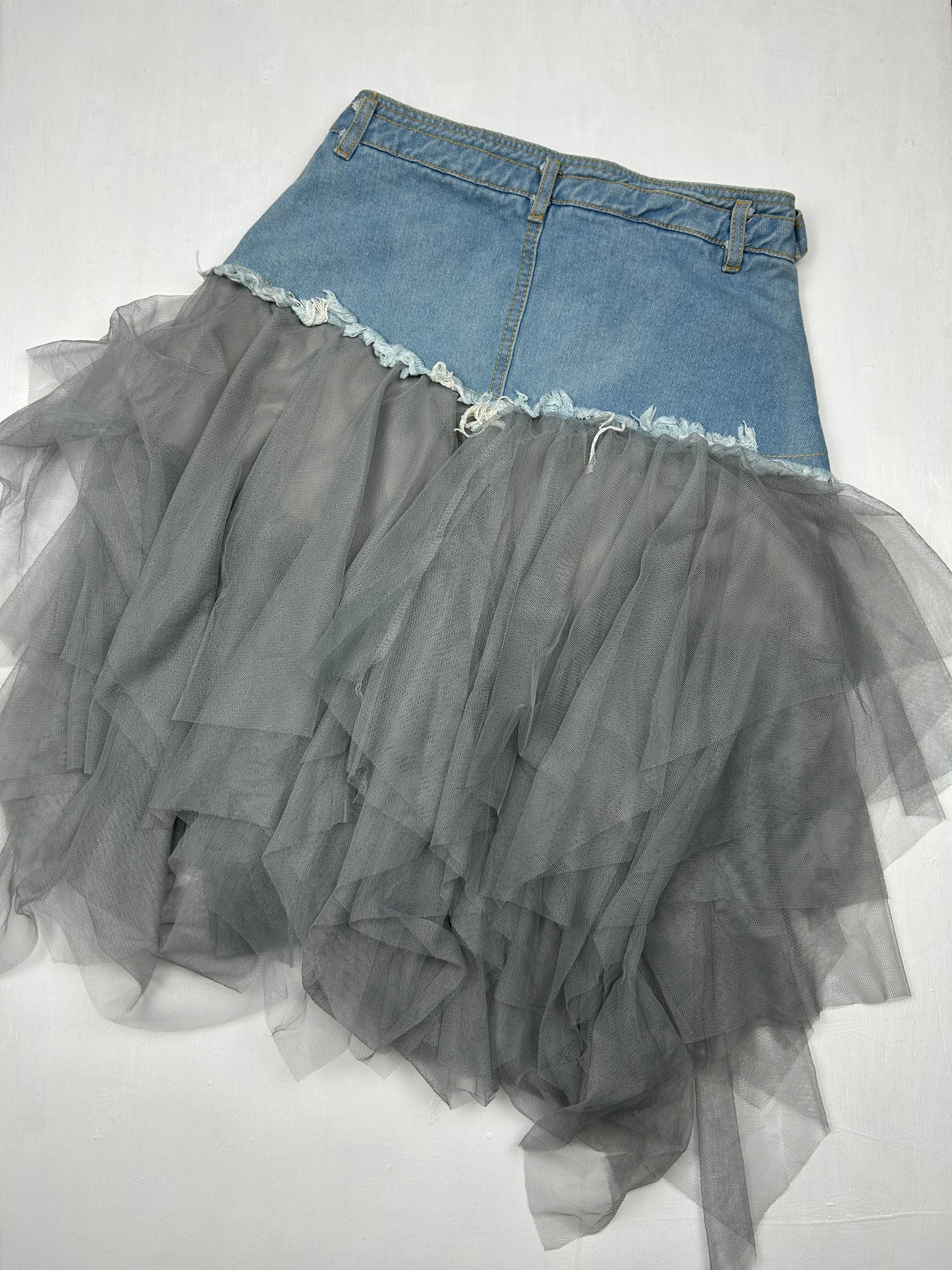 Denim & mesh bi fabric low rise midi skirt + belt (S)