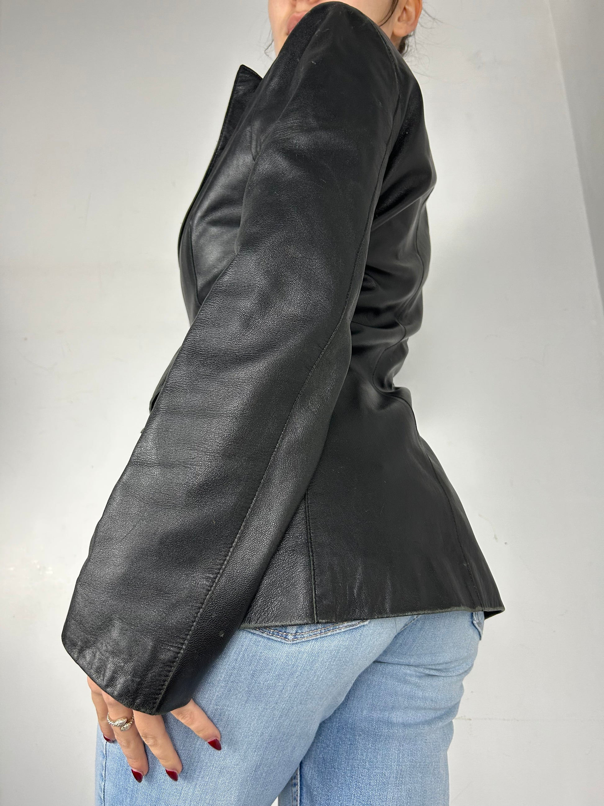 Black 100% real leather trench jacket (M)