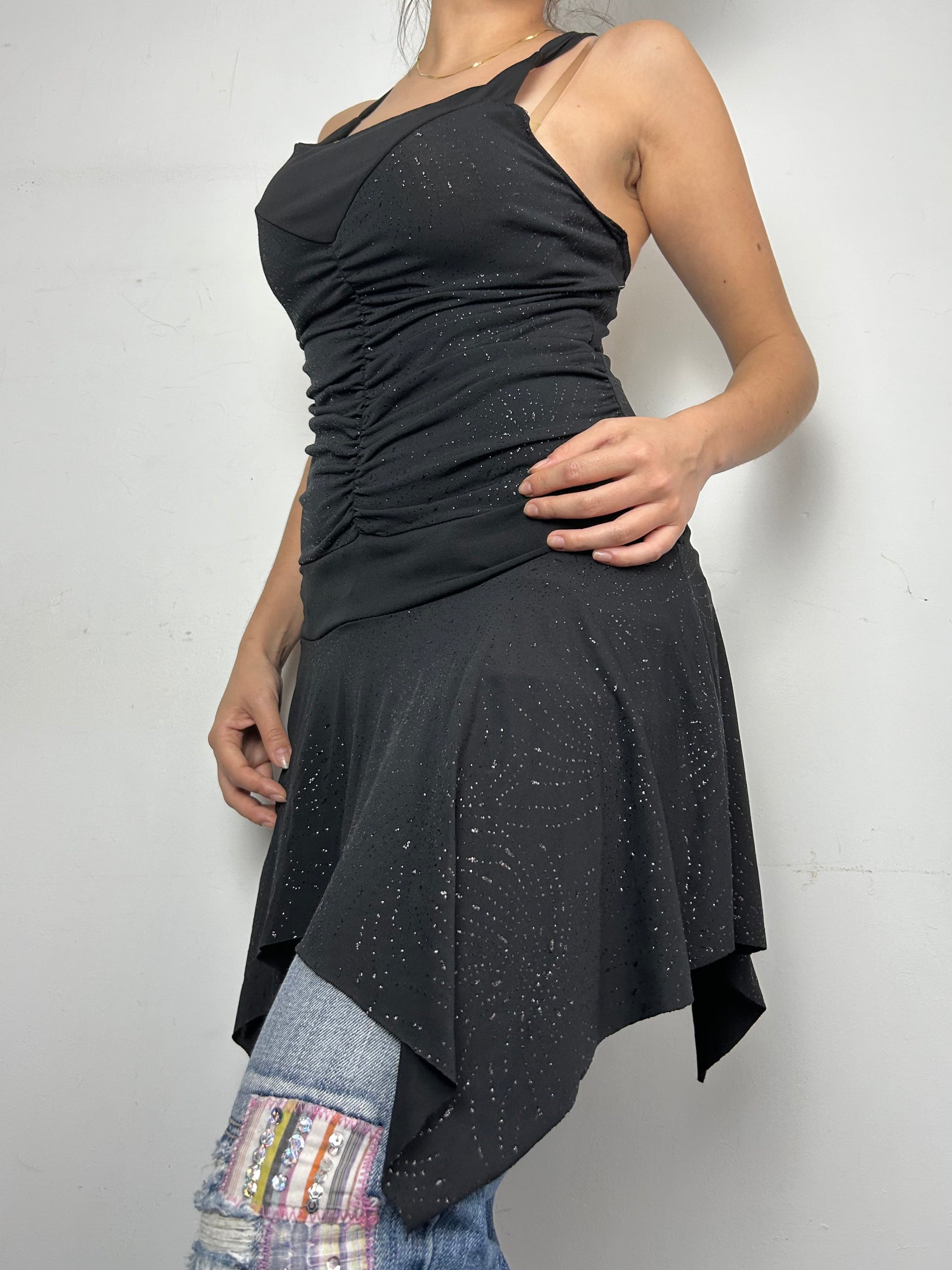 Black ruched glitters asymmetric mini dress (S/M)