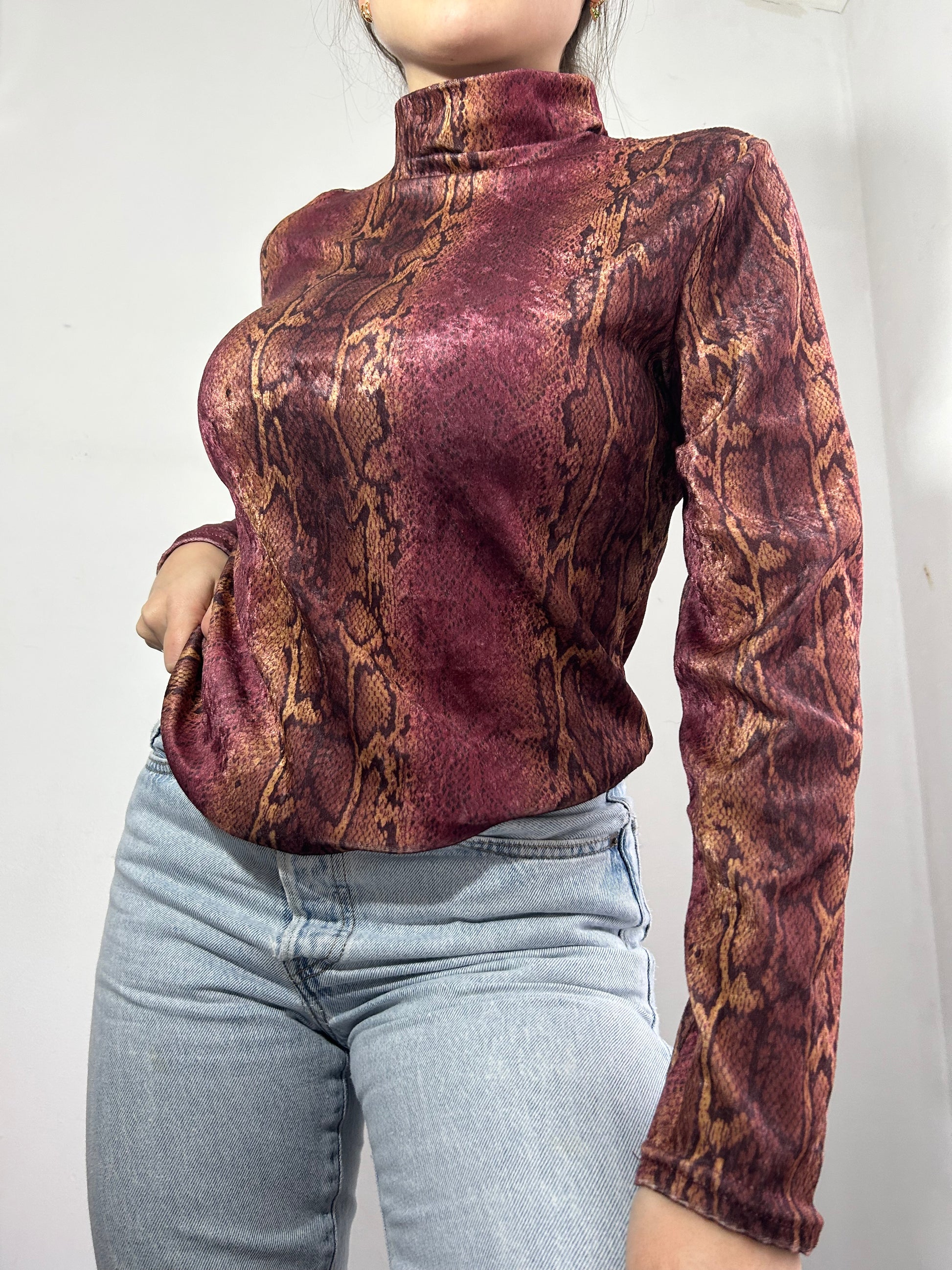 Purple snake print 90s y2k vintage high neck long sleeves top  (S/M)