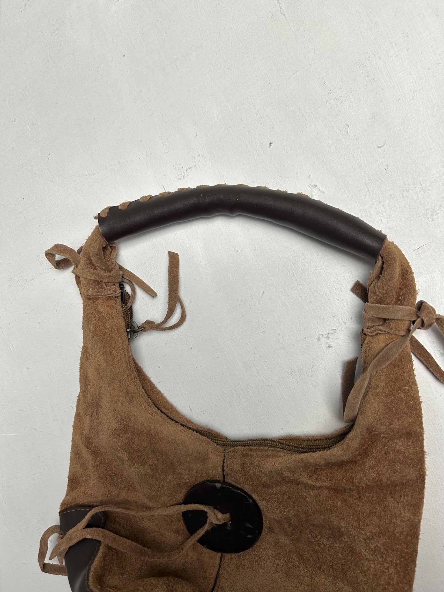 Beige camel suede lace up mini handbag