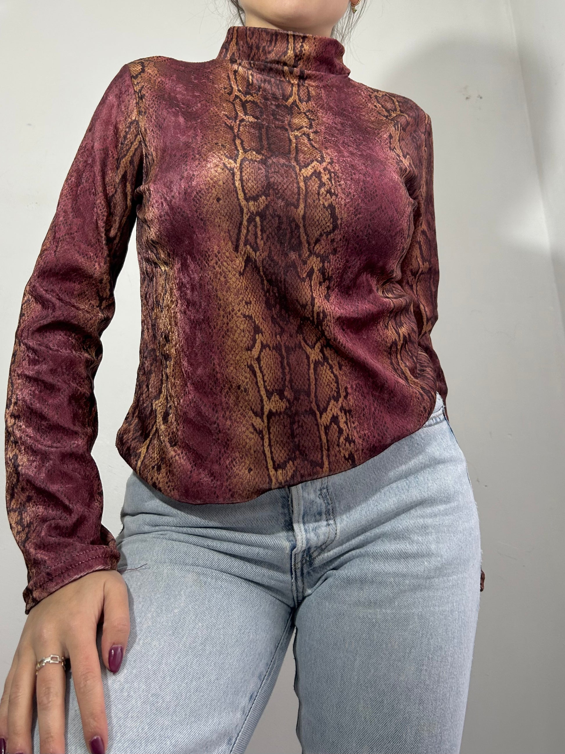 Purple snake print 90s y2k vintage high neck long sleeves top  (S/M)