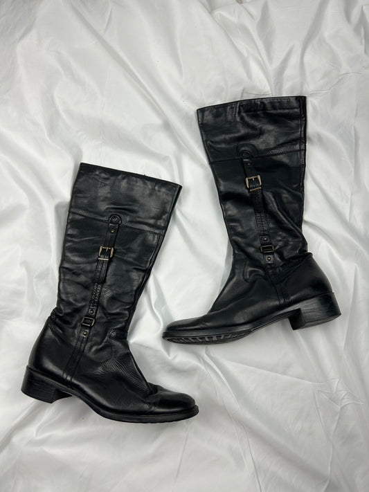 Black leather buckle knee high boots (41)