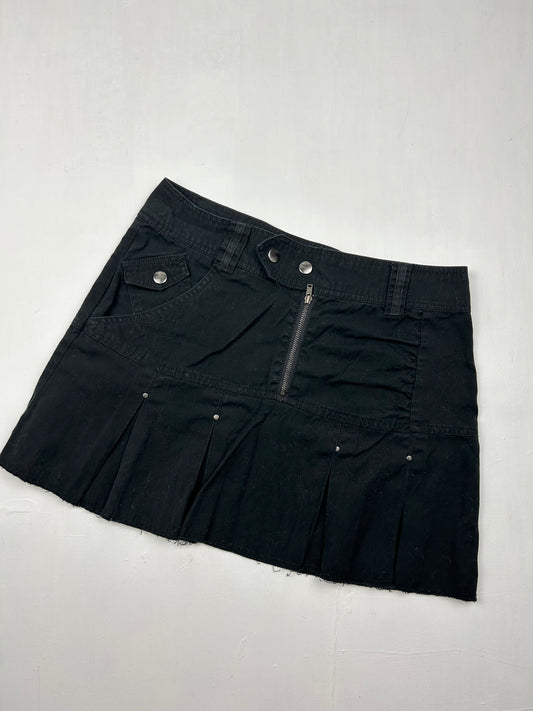 Black denim low rise pleated mini skirt (S)