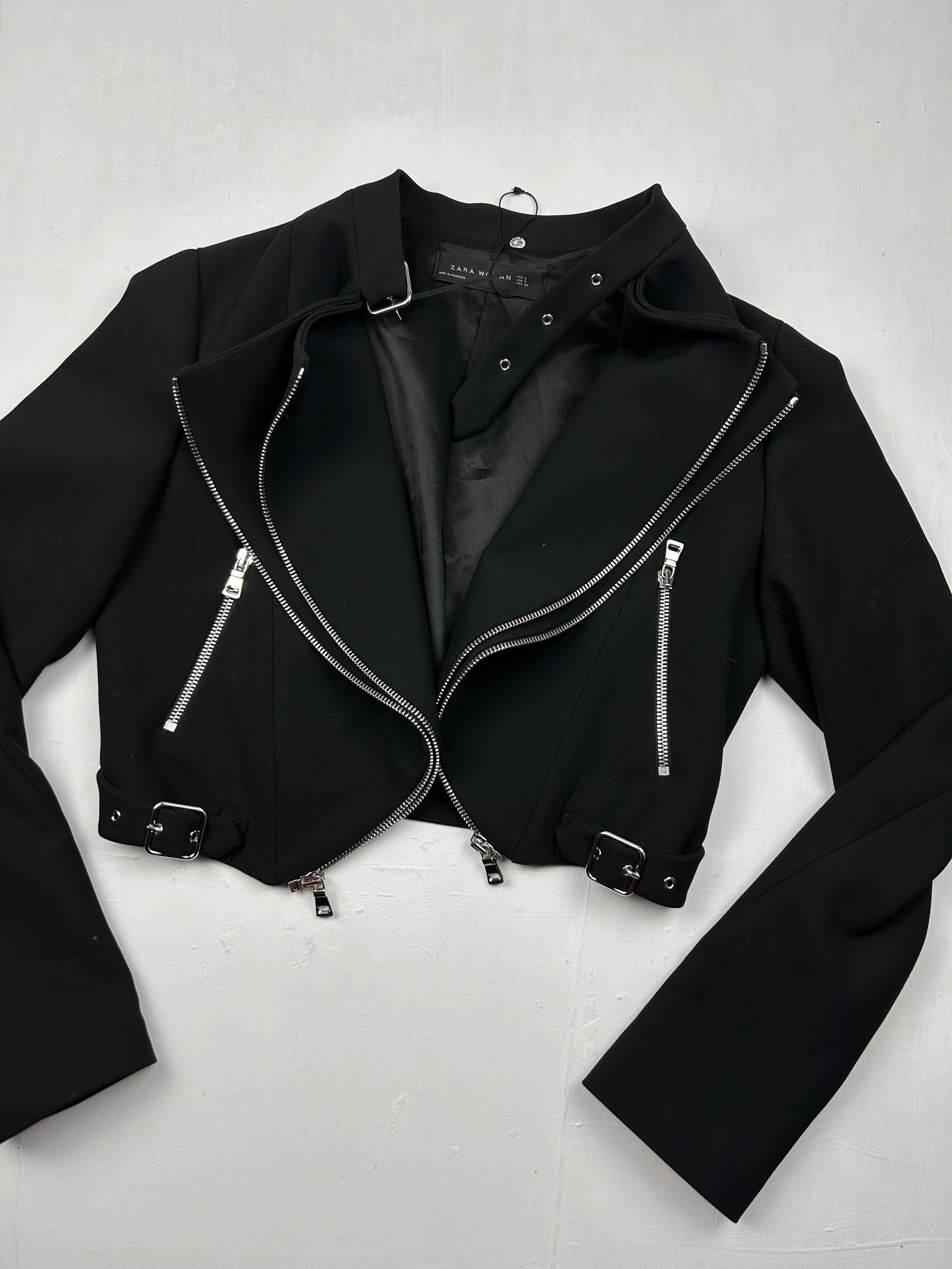 Black crop zip up biker jacket (XS/S)