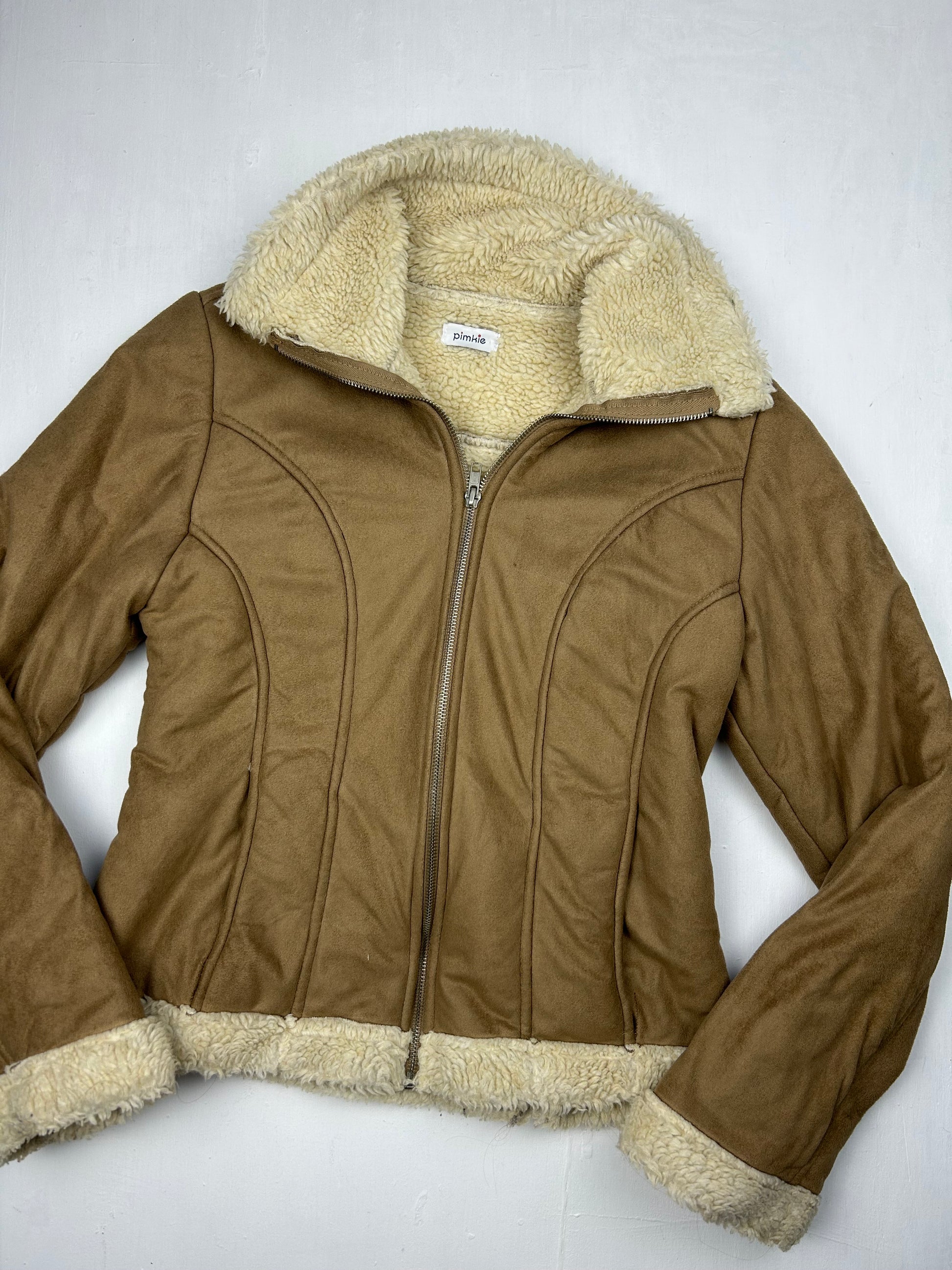 Beige suede faux fur zip up fleece hoodie jacket (S)