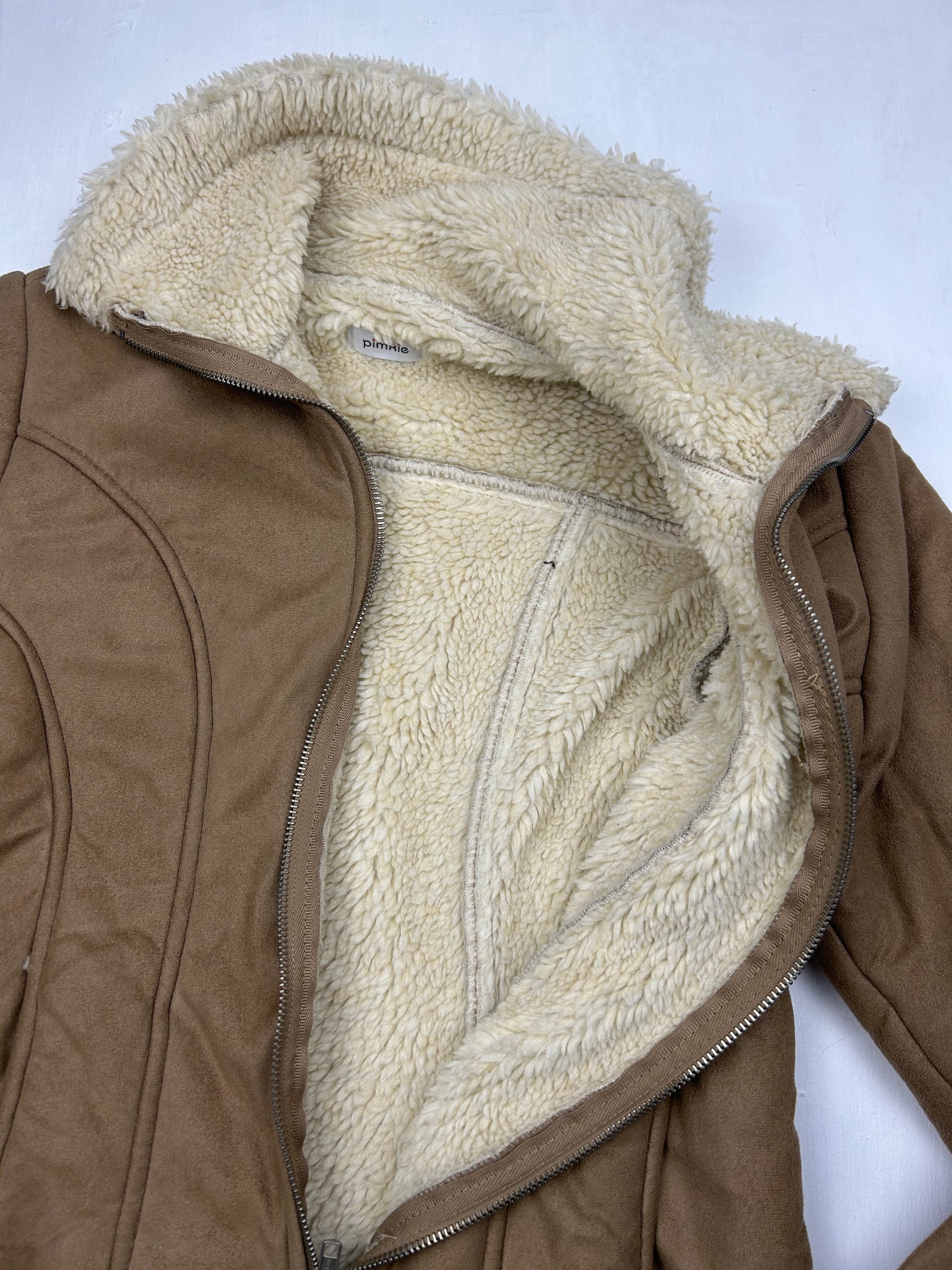 Beige suede faux fur zip up fleece hoodie jacket (S)