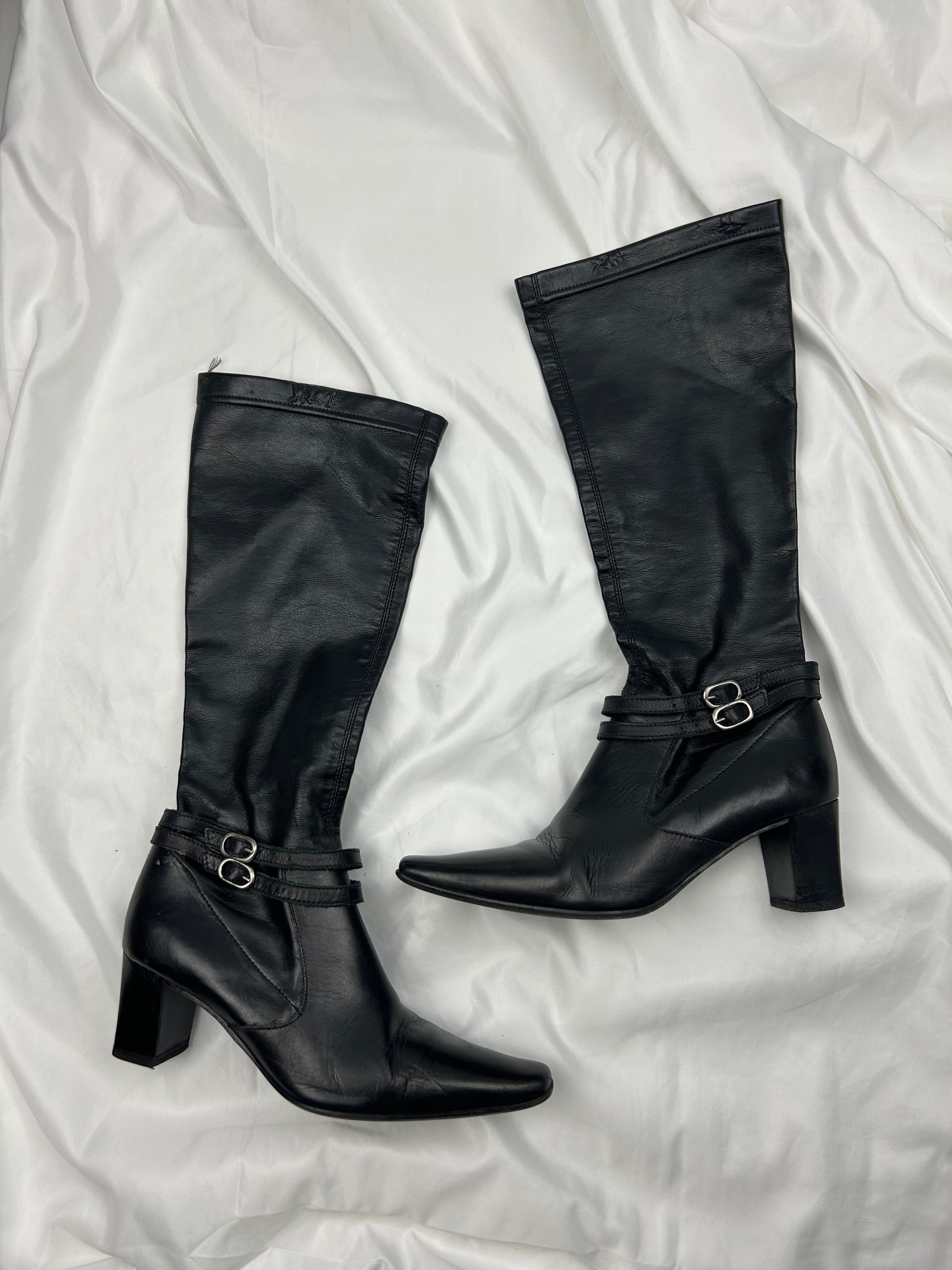 Black buckle 100% real leather knee high boots (37)