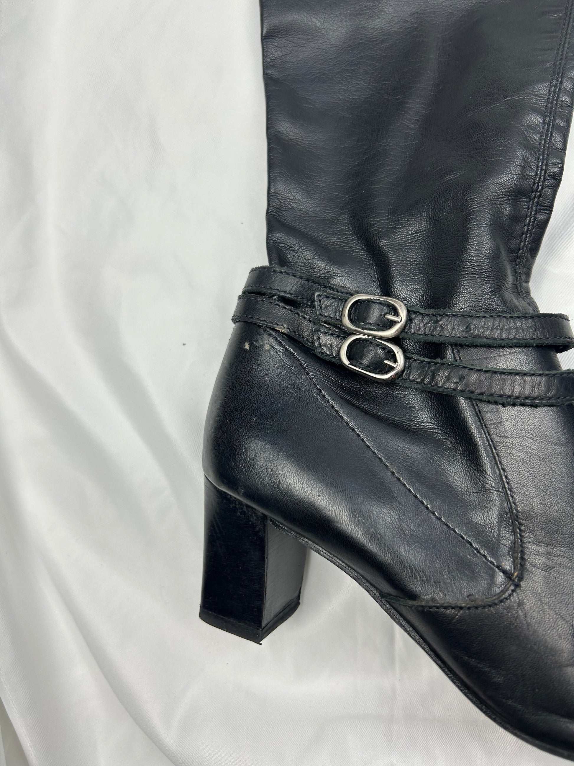 Black buckle 100% real leather knee high boots (37)