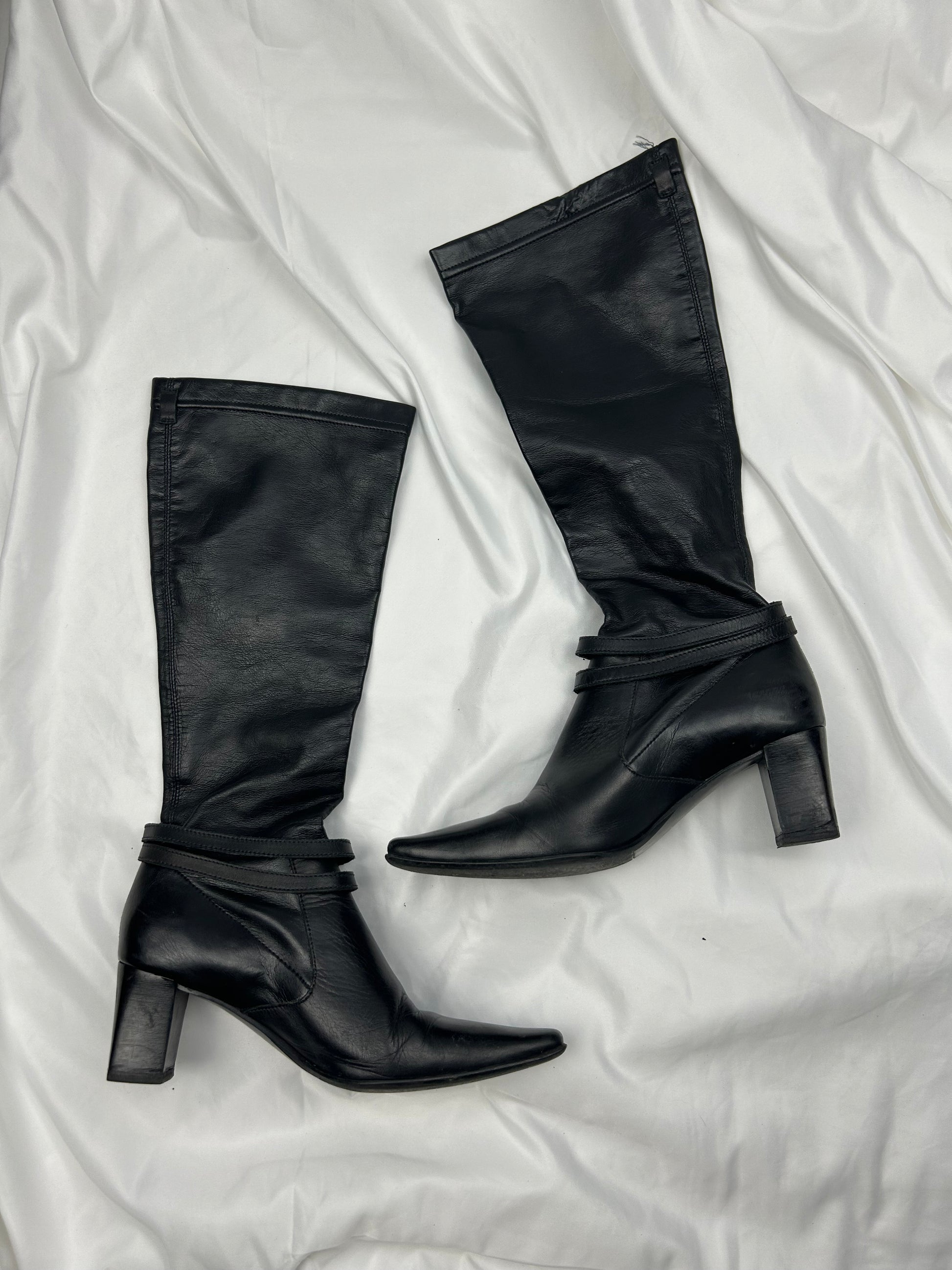 Black buckle 100% real leather knee high boots (37)