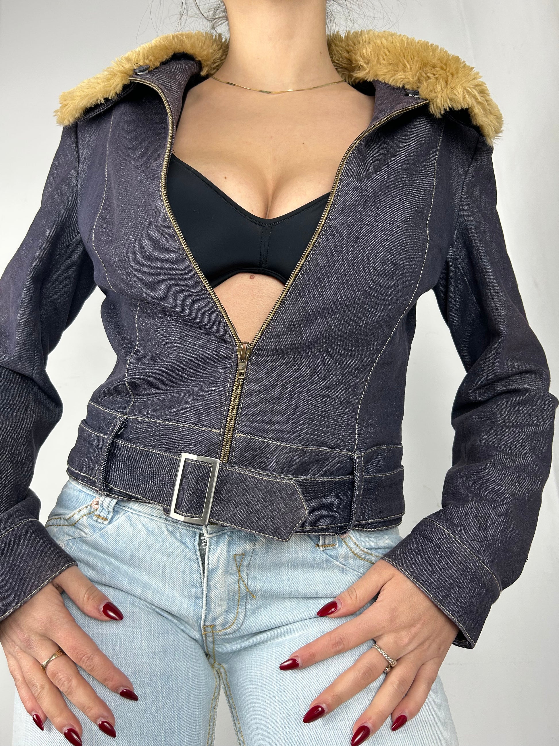 Navy denim biker jacket with faux fur neck (S)