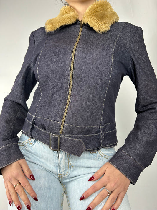 Navy denim biker jacket with faux fur neck (S)