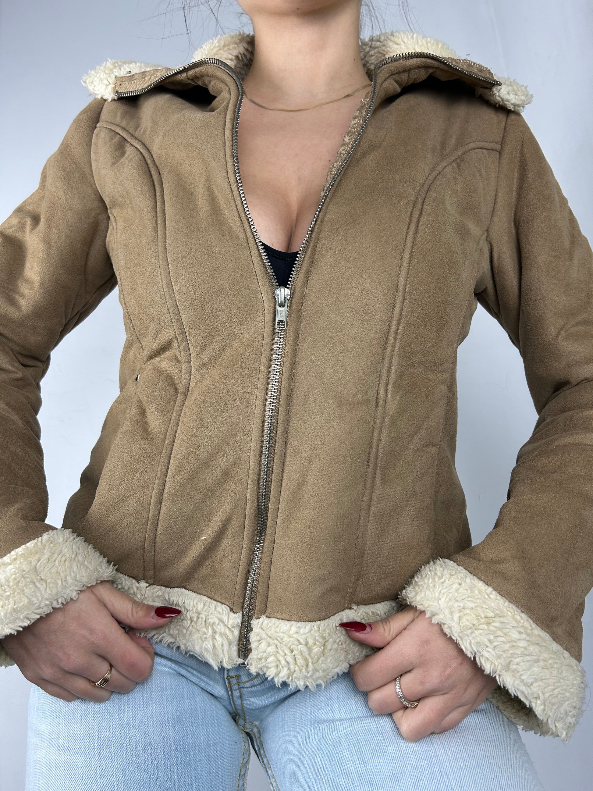 Beige suede faux fur zip up fleece hoodie jacket (S)