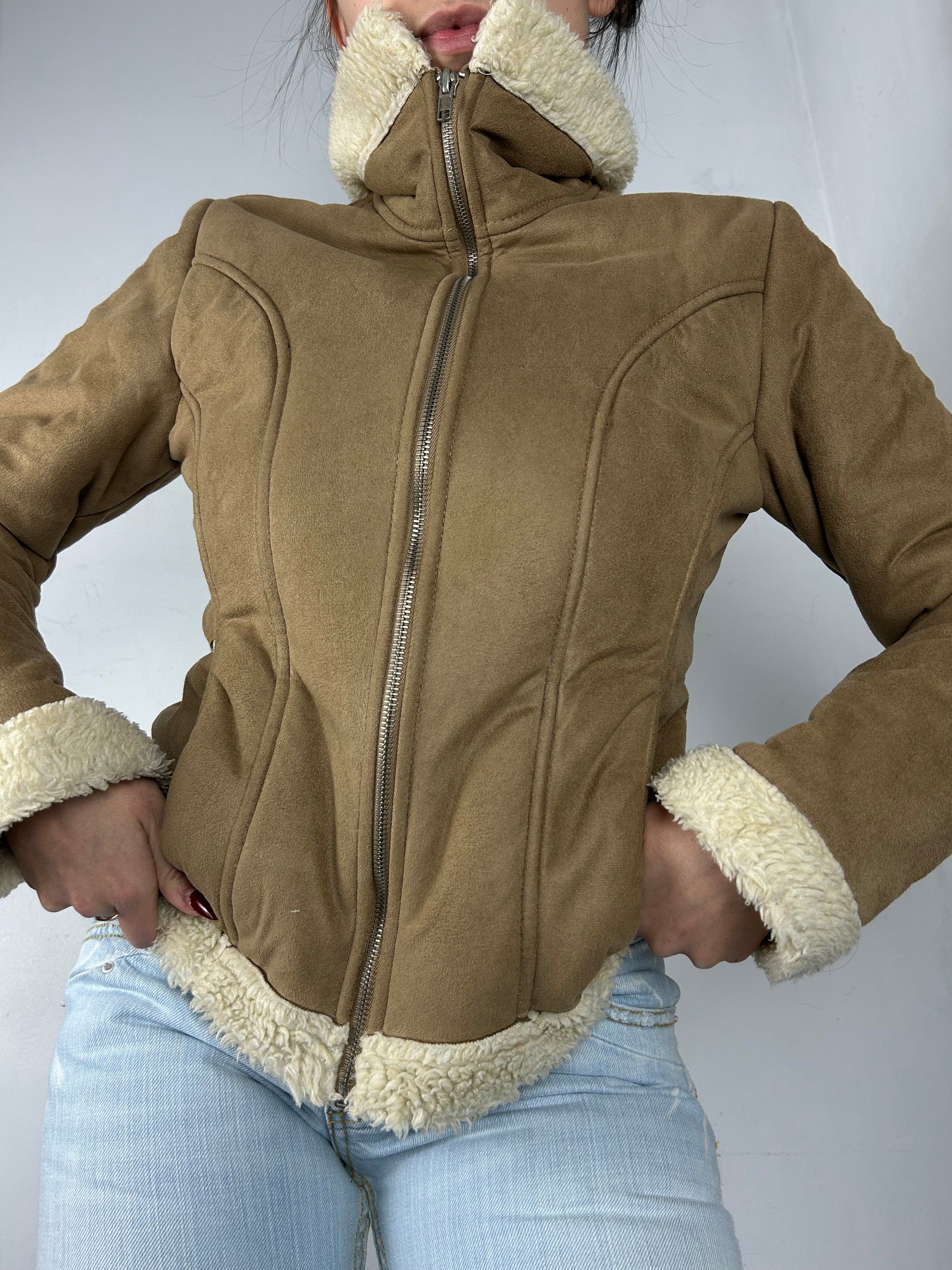 Beige suede faux fur zip up fleece hoodie jacket (S)