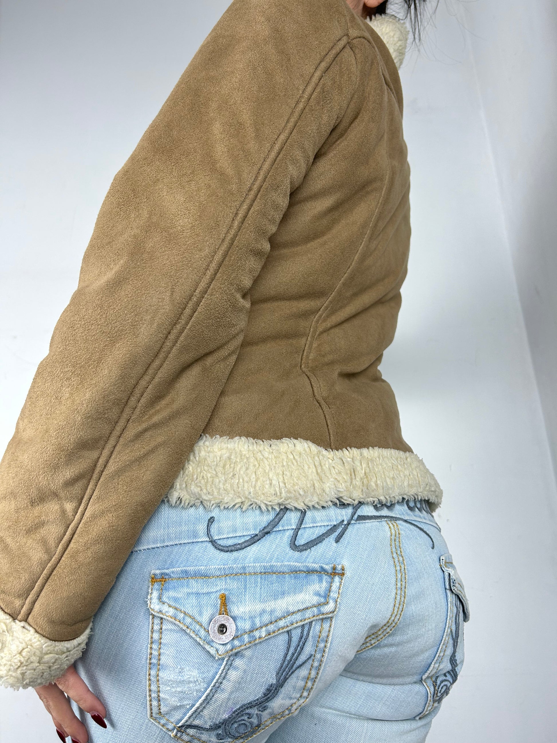 Beige suede faux fur zip up fleece hoodie jacket (S)