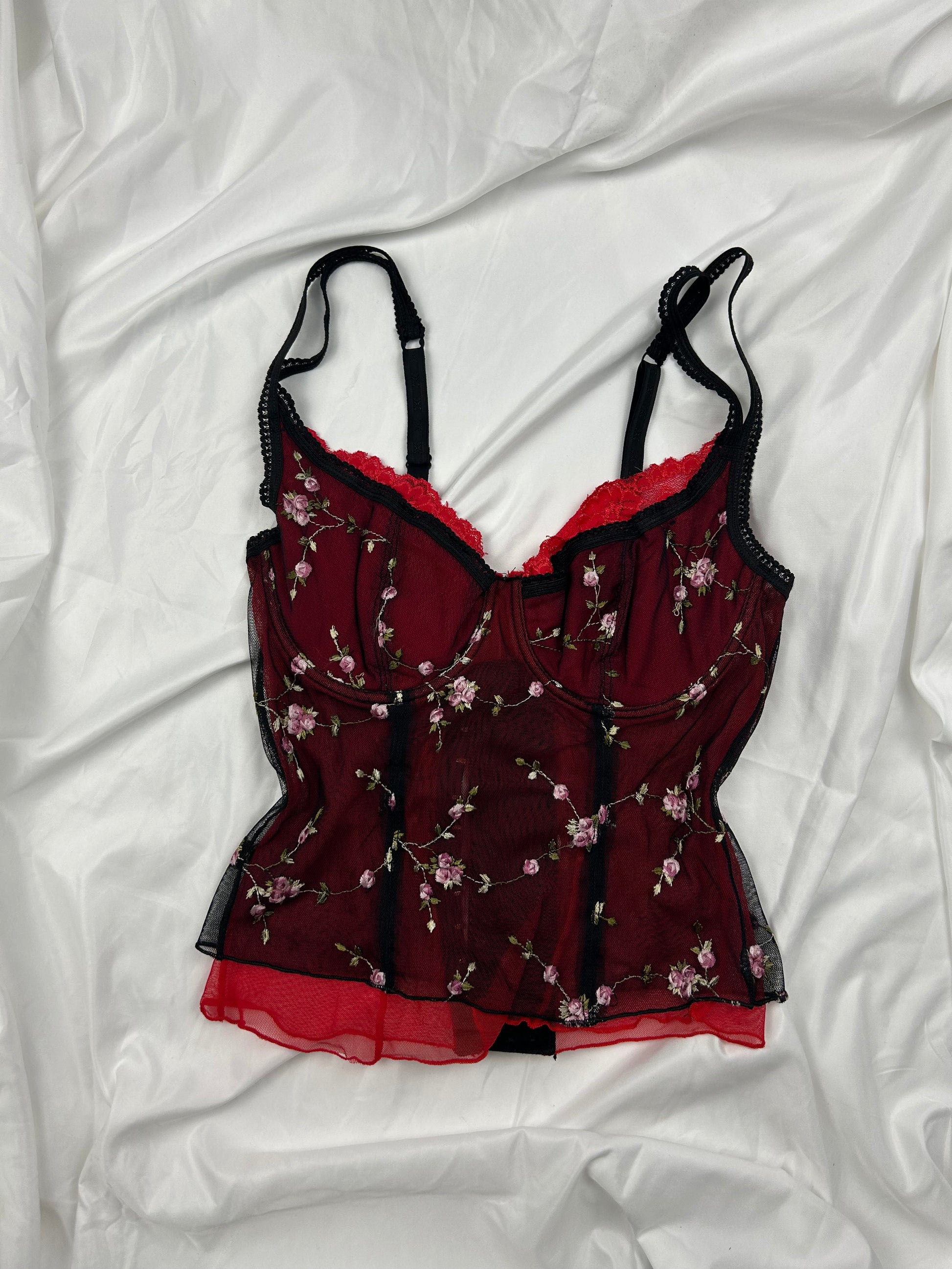 Red floral print mesh babydoll corset  top (S)