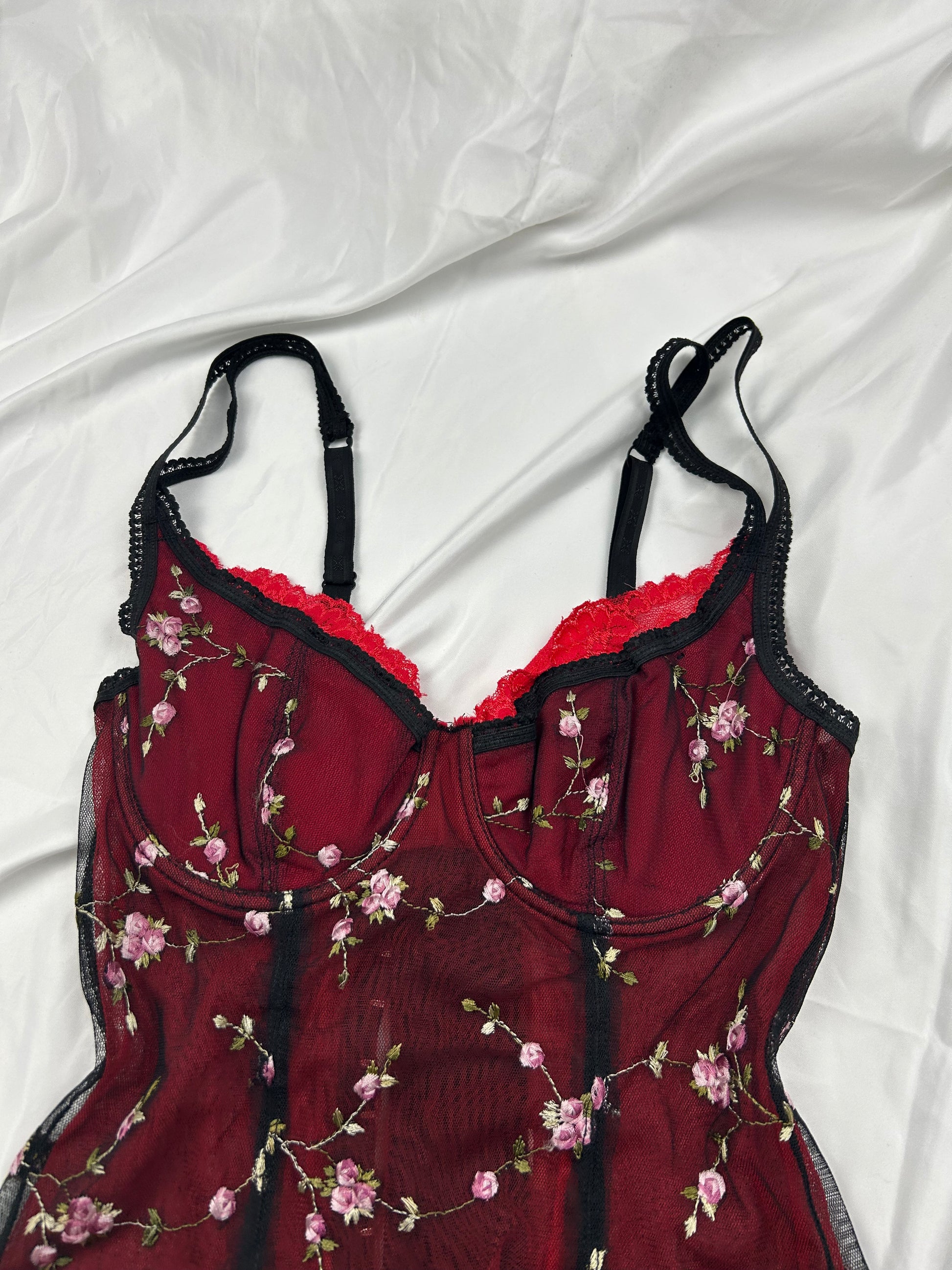 Red floral print mesh babydoll corset  top (S)