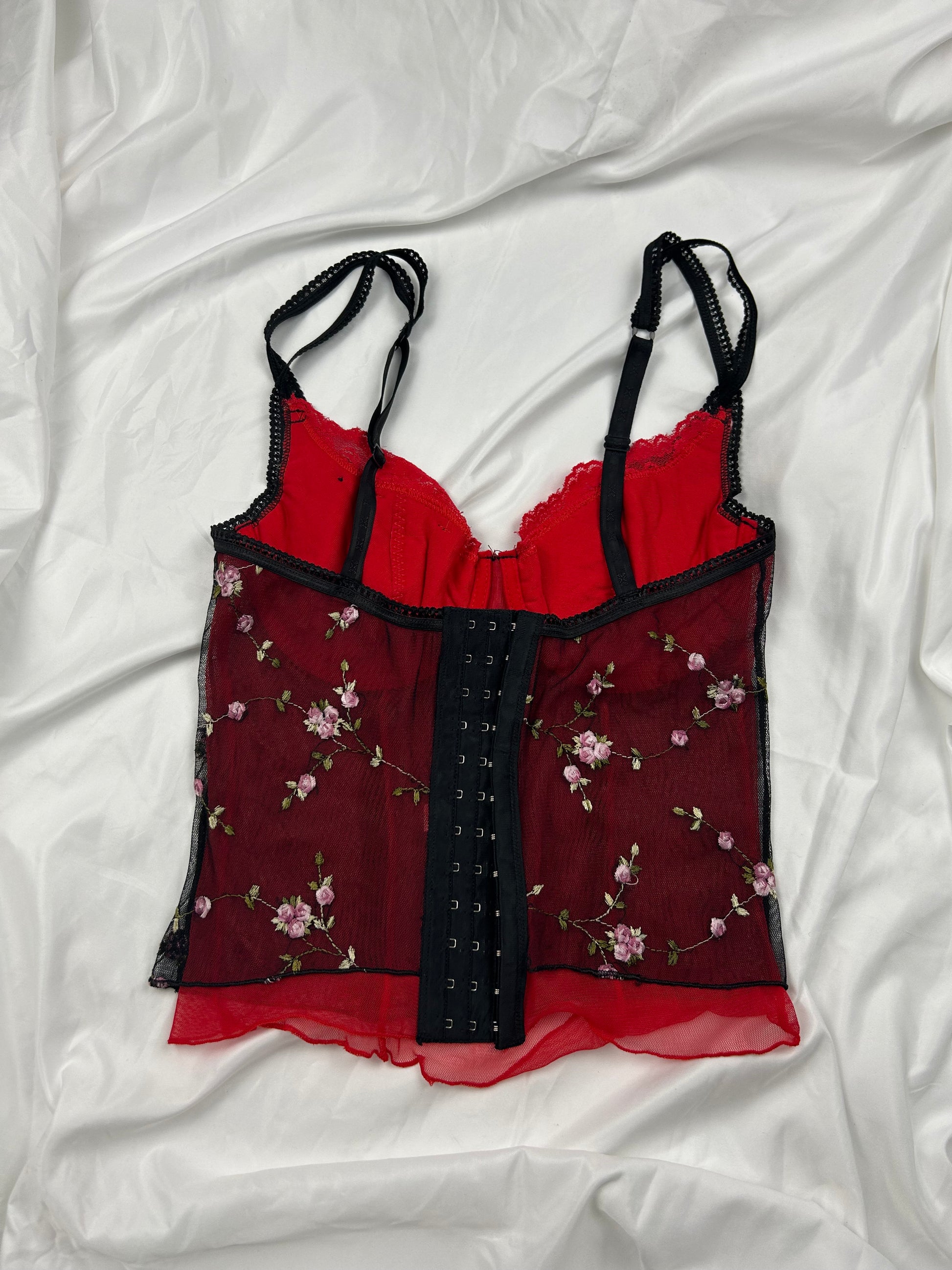 Red floral print mesh babydoll corset  top (S)