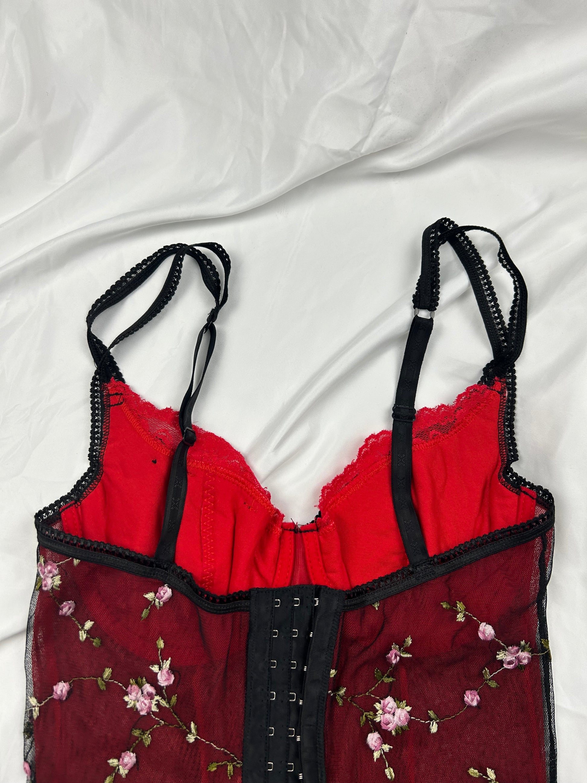 Red floral print mesh babydoll corset  top (S)