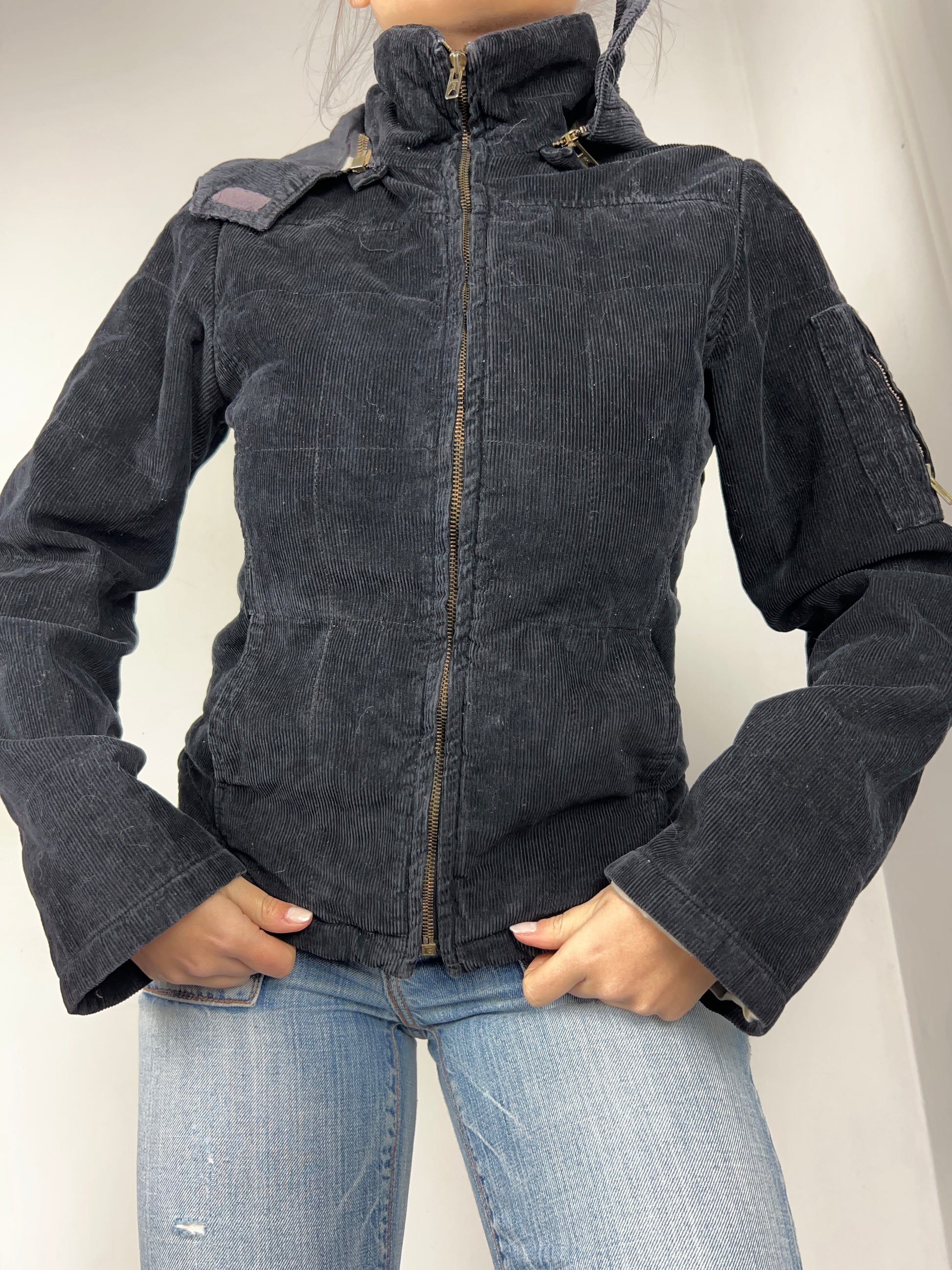 Black ribbed velvet zip up puffer biker jacket (S/M)