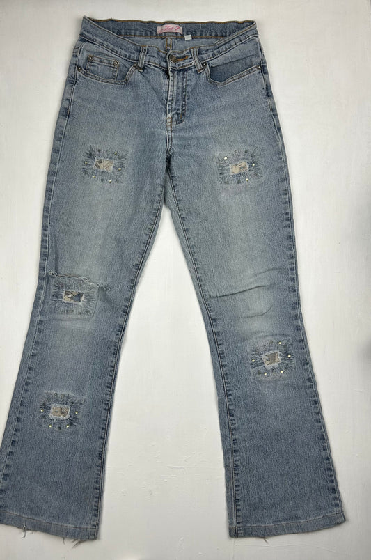 Blue strass denim low rise bootcut pants (S)