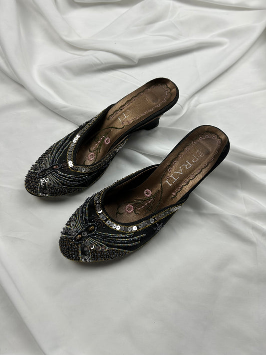 Black platform heels sequins embroidered mules (37)