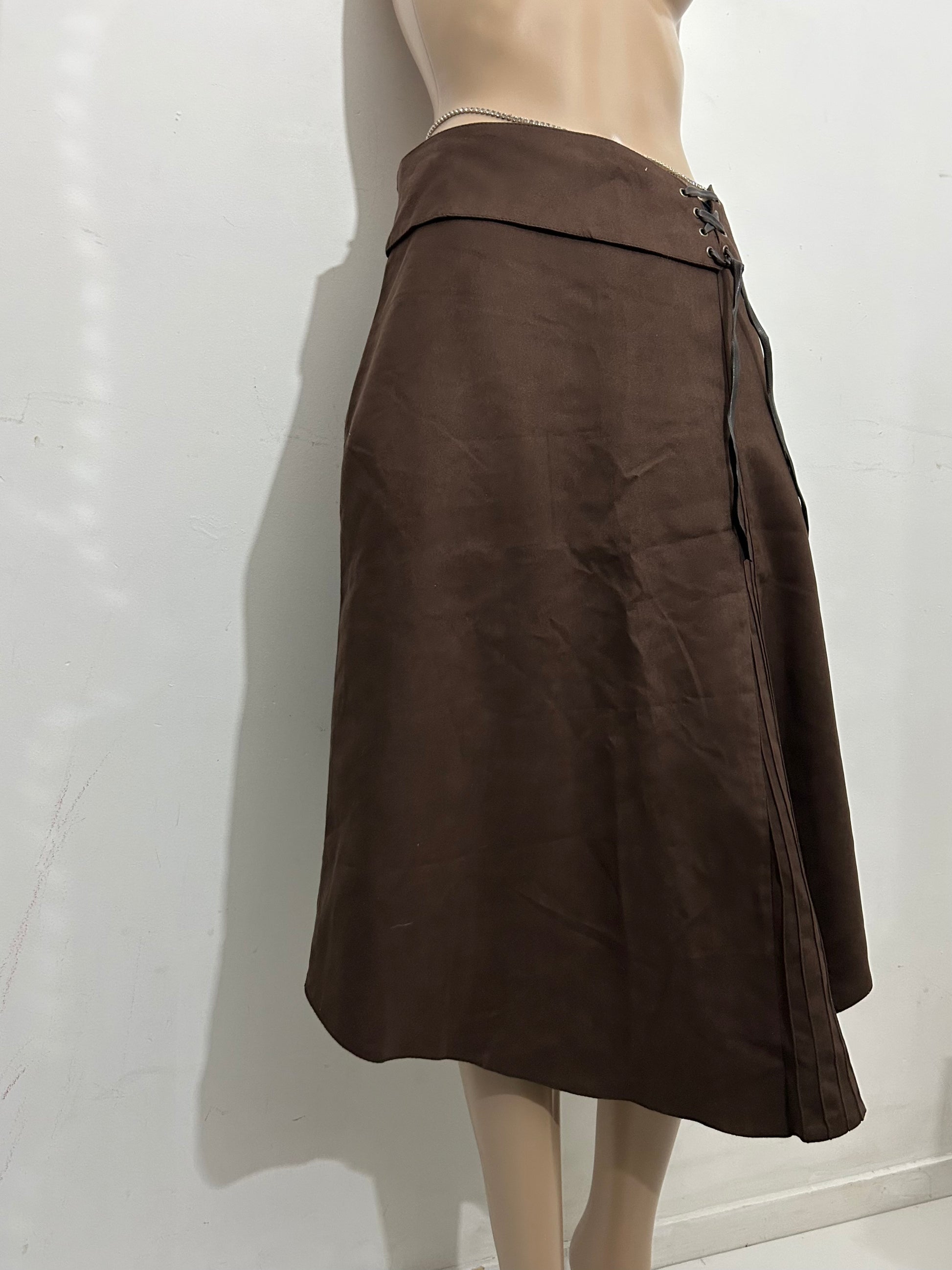 Brown suede lace up low rise mid skirt (M)