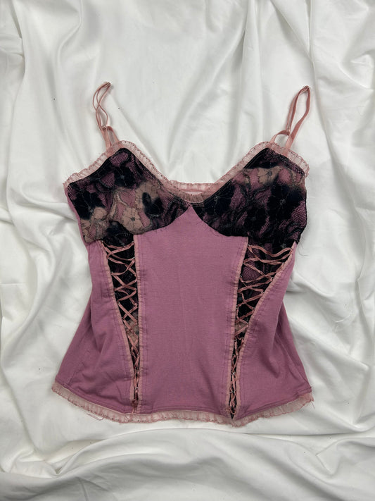 Pink lace up babydoll cami top (S)