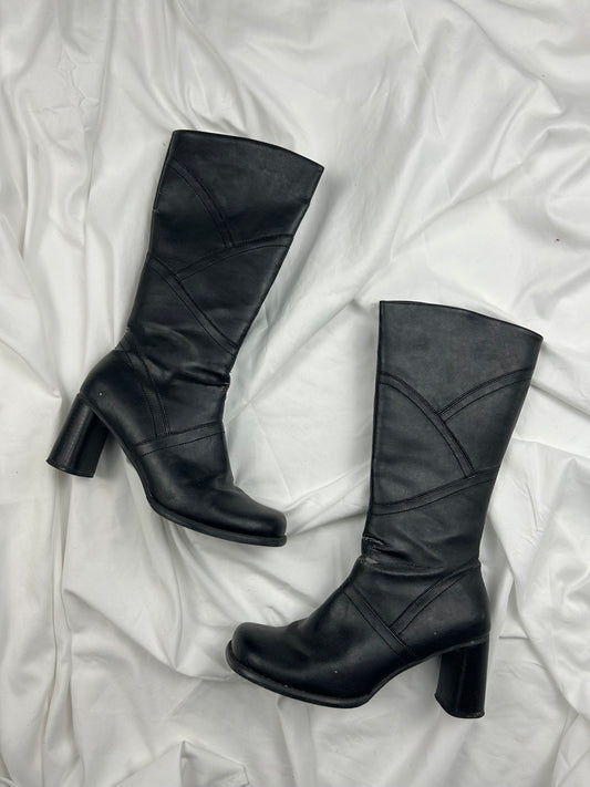 Black square toes real leather knee high boots (38)