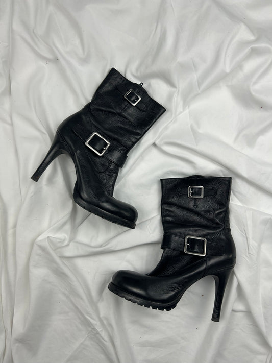 Black 100% real leather platform heels buckle boots (37)