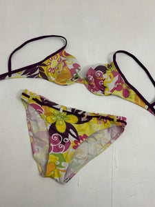 Yellow multicolor floral print 90s y2k vintage bikini set (M)