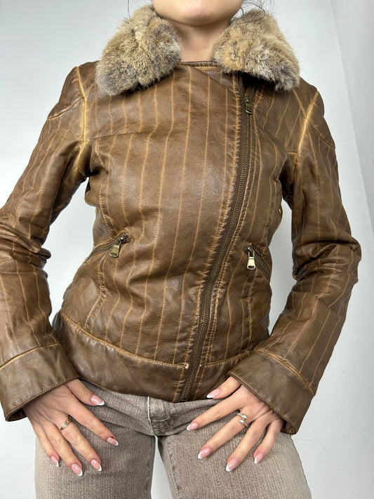 Brown 100% real leather & faux fur biker jacket (S/M)