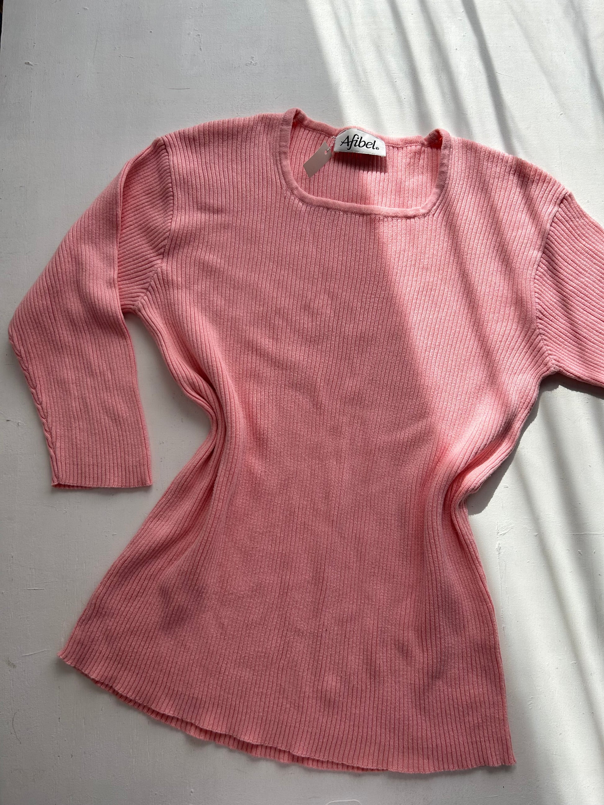 Baby pink ribbed square neck knitted jumper (XL)