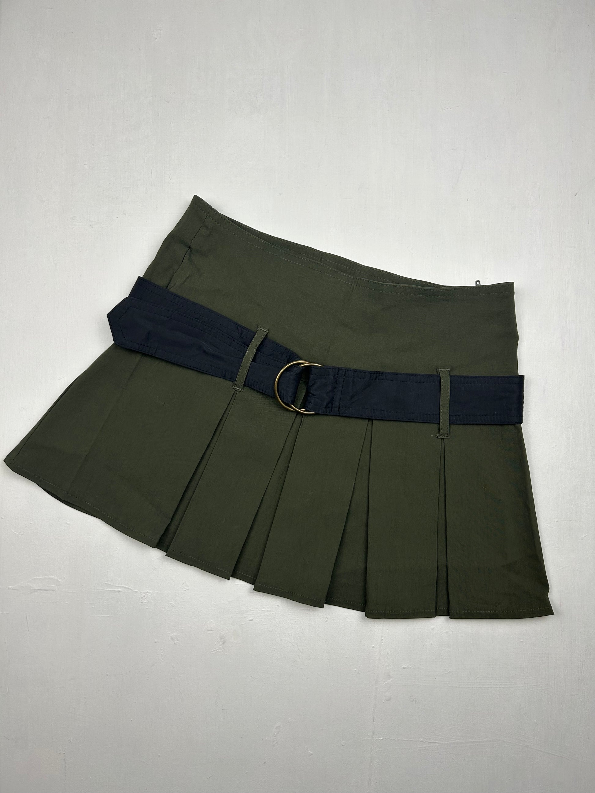 Khaki belt pleated mini skirt (S)