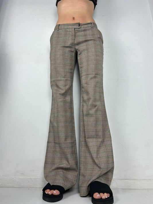 Beige check print low rise bootcut office pants (S/M)