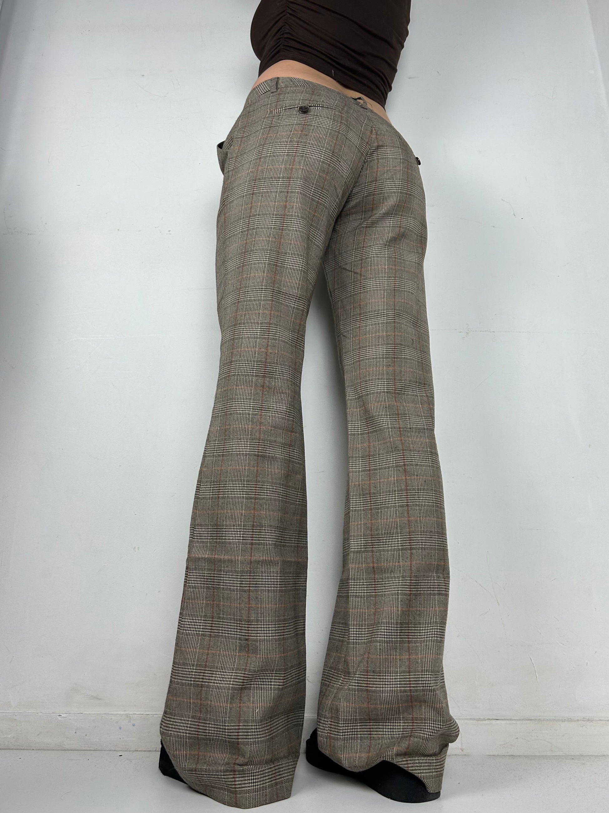 Beige check print low rise bootcut office pants (S/M)