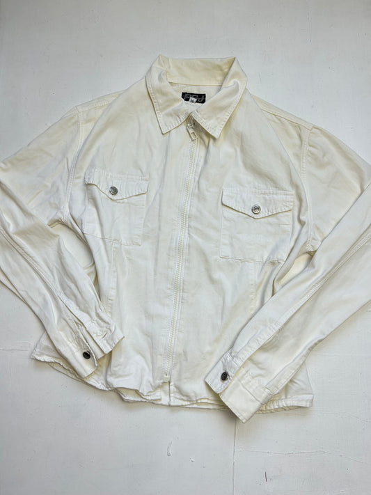 White cream zip up denim biker jacket (S/M)