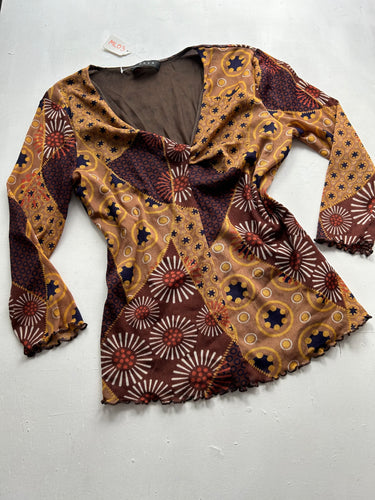 Brown graphic print lined mesh long sleeves top (S/M)