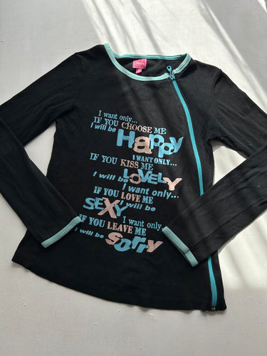 Black text graphic print zip up long sleeves top (S)