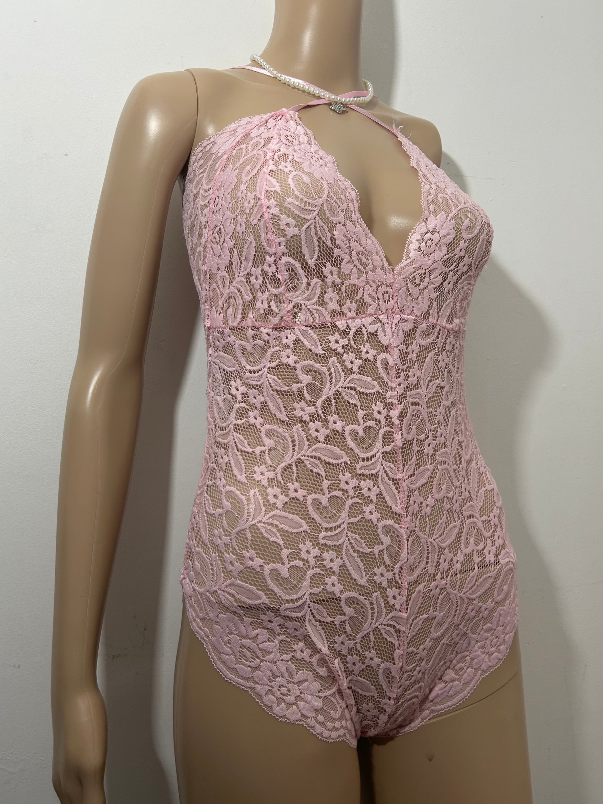 Baby pink lace see trough body top (S)